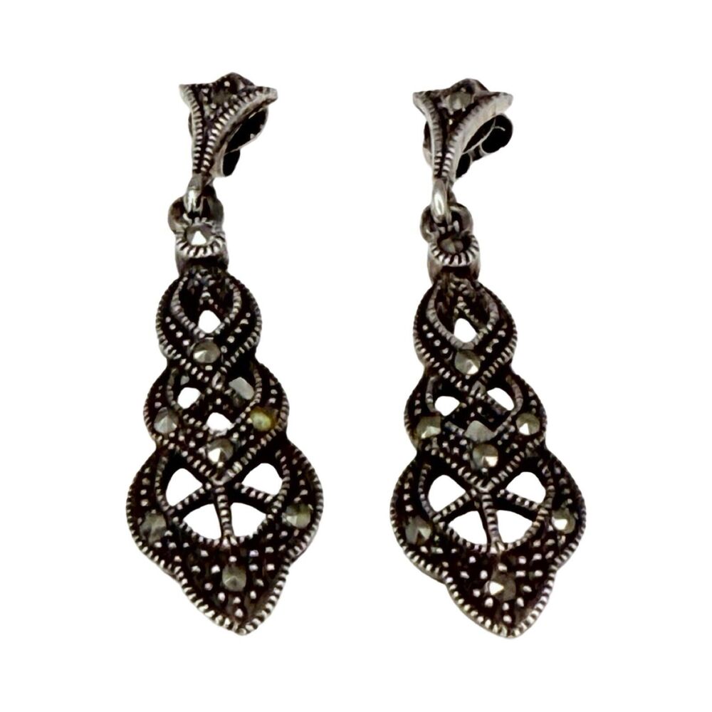 925 Sterling Silver Marcasite Dangle Earrings 1 3/8" Tiered Art Deco Sparkle - Picture 6 of 10